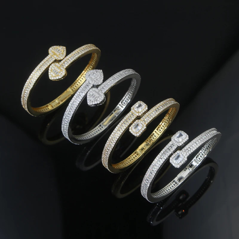 High Quality Iced Out Bling 5A Cubic Zircon Stone Paved Square Heart Clip Bracelets Punk Styles Hip Hop Bangle Cz Jewelry 250213