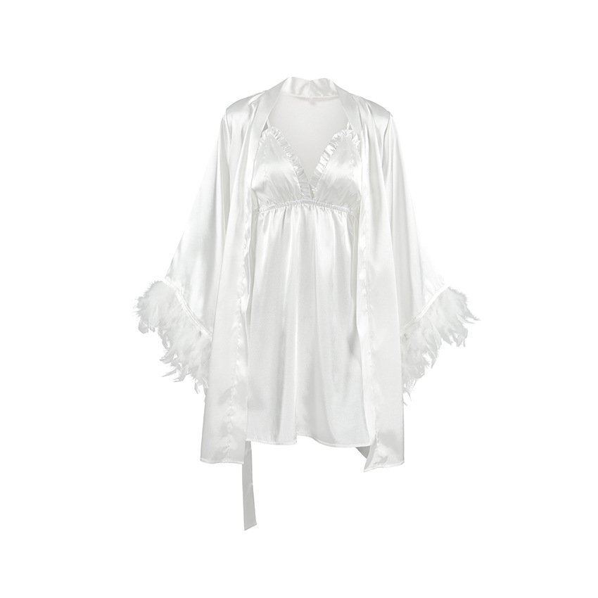 S212 Fashionable textured feather loose comfortable soft robe suspenders nightgown pajamas