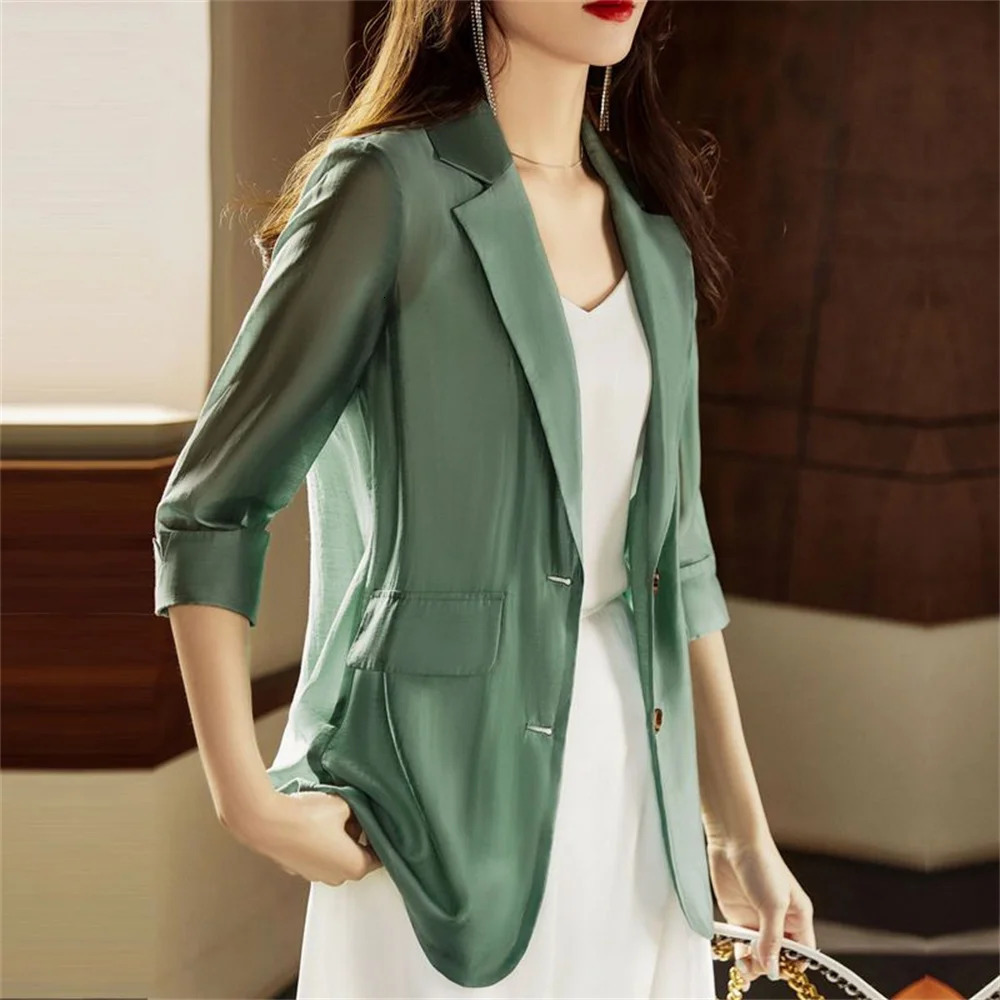 Spring Summer Thin Casual Style Suit Solid Color Loose Women Fashion Blazer 34 Sleeve Chiffon Oversize Coat 250213