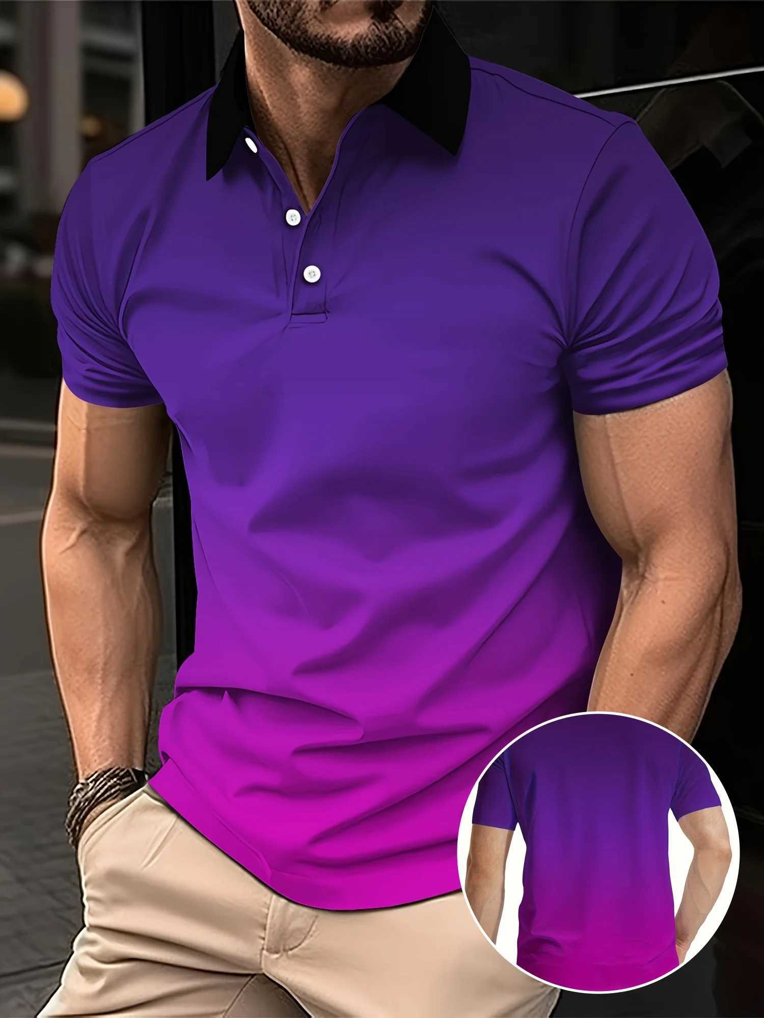 Mens Fashion Gradient Color Polo Shirt Lapel Golf Shirt Short Sleeve Printed Button Clothing Fashion Design Casual BreathableXJ250219