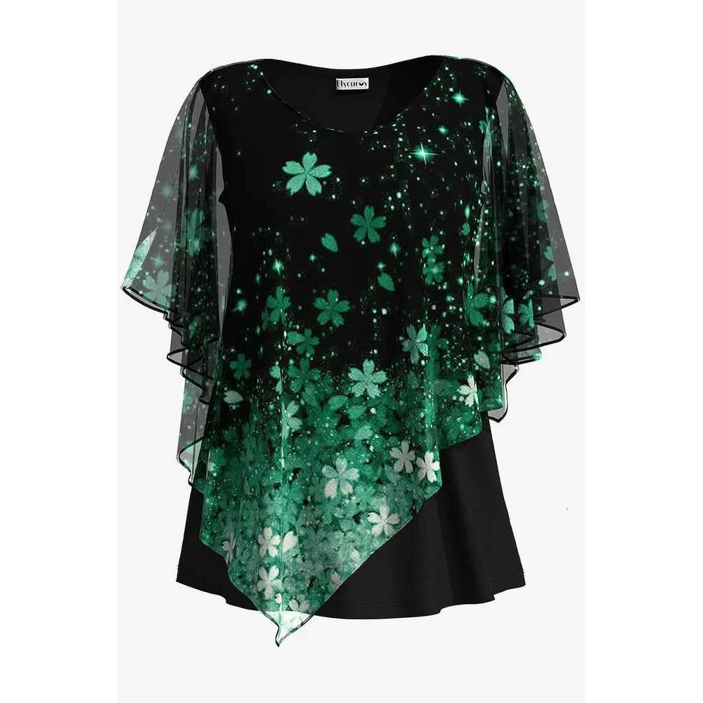 Plus Size Blouse Cloak Loose Casual Ral Print Ruffle Batwing Cape Sleeve Tee Medium Stretch Women Shirt Top