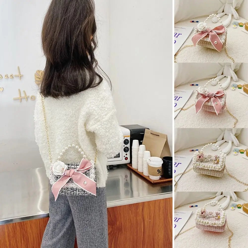 Pearl Handle Mini Chain Crossbody Bag Fashion Square Coin Purse Kids Handbag Clutch Bag Bow-knot Princess Shoulder Bag 250219