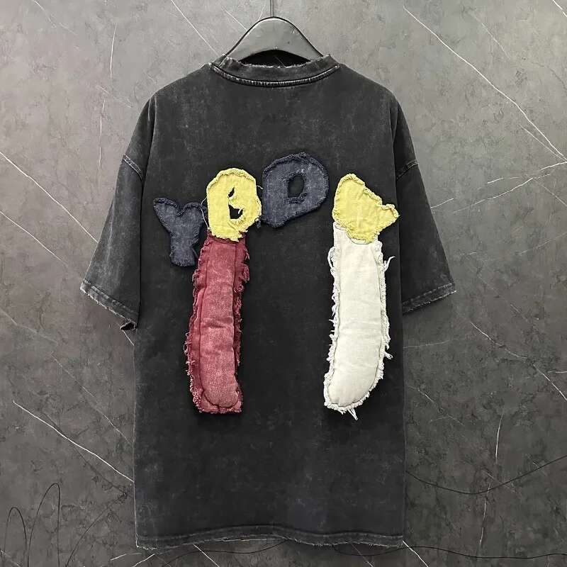 Popular Heavy Industry Design Cartoon Y2k Thick Pullovers Color Matching T-shirt Women's Loose Medium And Long Half-sleeved Tees