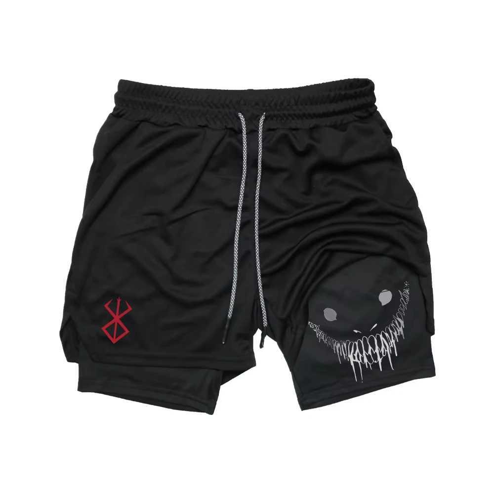 Berserk Mens Smiling Face Printed Fitness Shorts Double-Layer 2-in Quick Drying Fitness Outdoor Leisure Training Sports Short W250219
