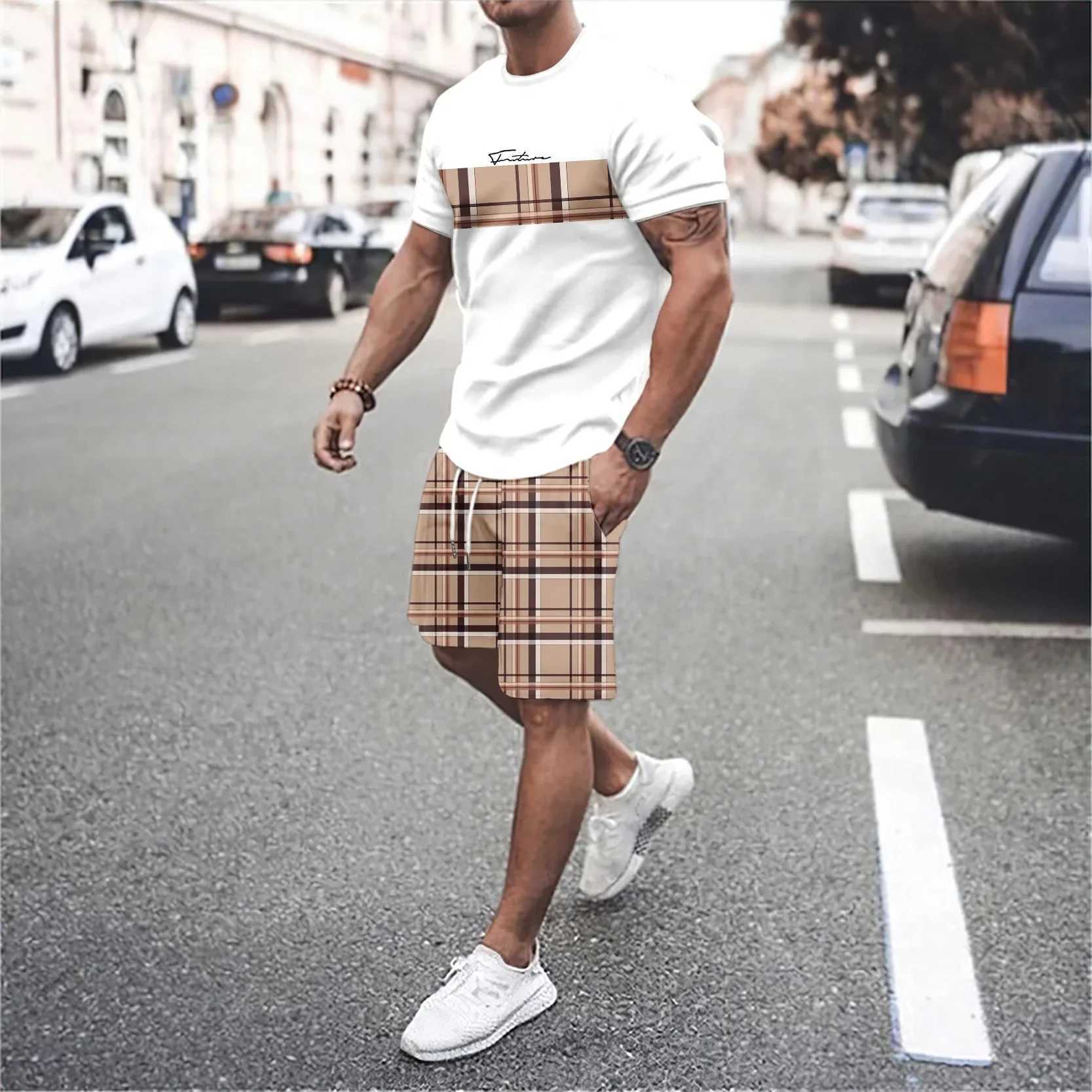 Summer vocation Mens Tshirt Set 3D Print Solid Color Men Round Neck T-Shirt Shorts Two Piece Set Casual Man Suits ClothingXJ250218