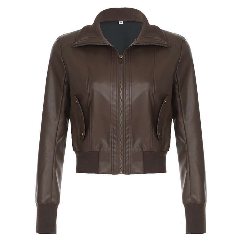 HEYounGIRL Faux Leather Women Brown Jacket Vintage Fashion Autumn Streetwear Zipper Coat Casual Y2K Motorcycle Style Outwear
