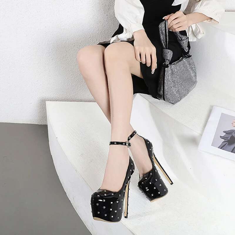 Sexy Design Round Toe Rivets Pumps Women Platform Buckle Strap Sandals Extreme Thin High Heels Nightclub Shoes