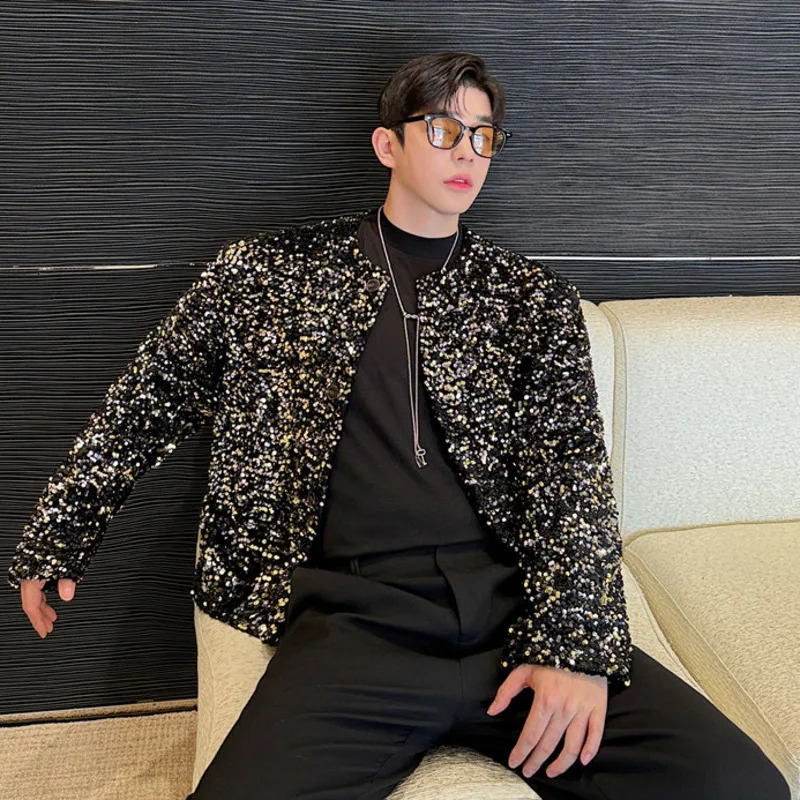 IEFB Niche n Mens Jackets Casual Collarless Sequins Single Breasted Tops Loose Solid Color Trend Male Short Coats 9C7940 250214