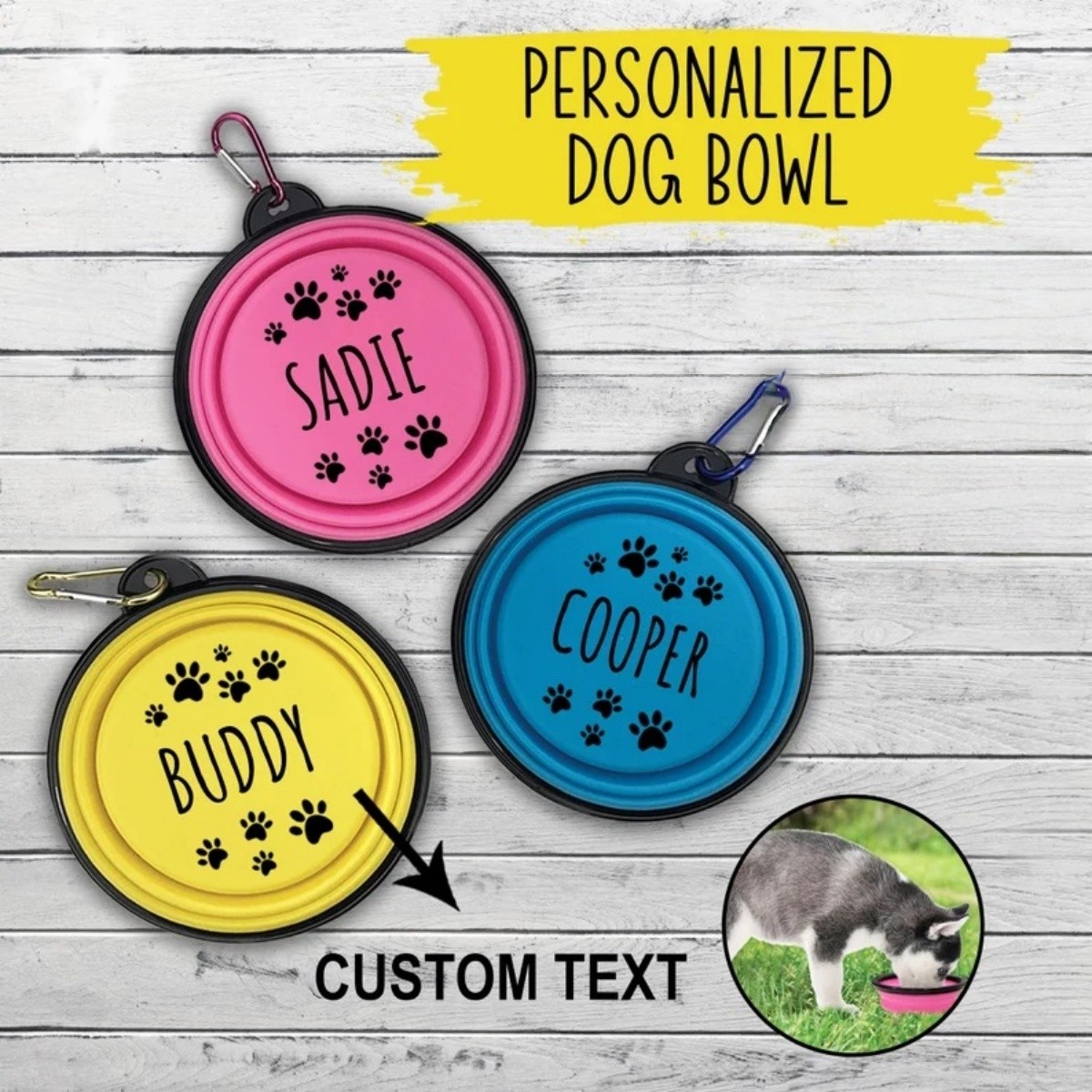 Personalized Silicone Foldable Travel Dog Bowl - Collapsible Water & Food Containers-350ml