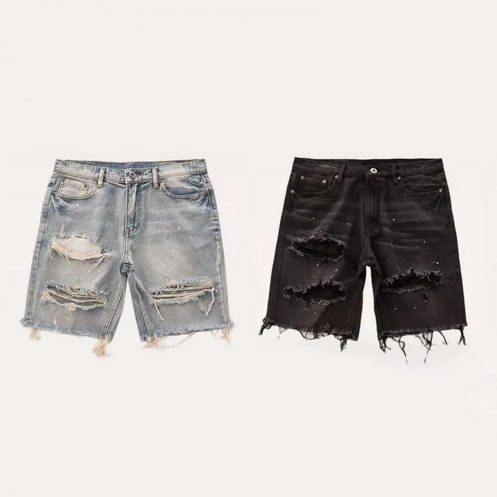 Ripped Shorts Men Summer Denim Shorts Button Zipper Fly Multi Pockets Short Jeans Straight Fit Ripped Holes Knee Length Distressed