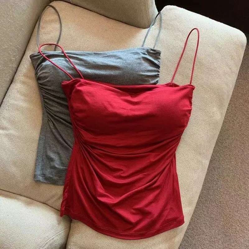 Vest Halter Summer Korean Style Trend Fashion Built In Bra Stretch Women Beach Everyday Casual Tank Top