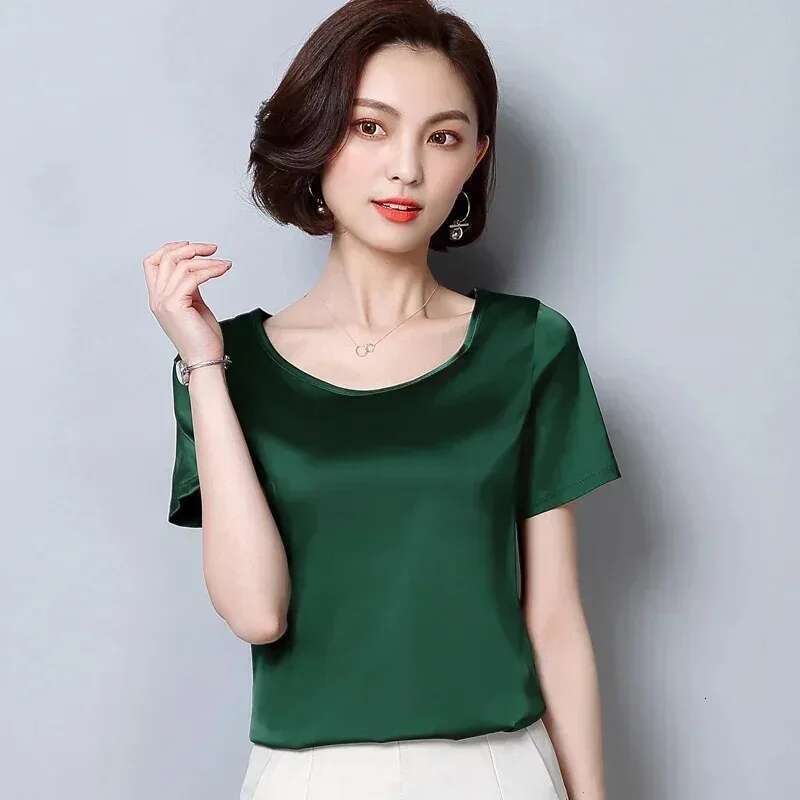 Womens Tops And Blouses 2024 Casual Silk O-Neck Office Lady Clothes Summer Satin Short Sleeve Solid Color Shirt Blusas 2126 50