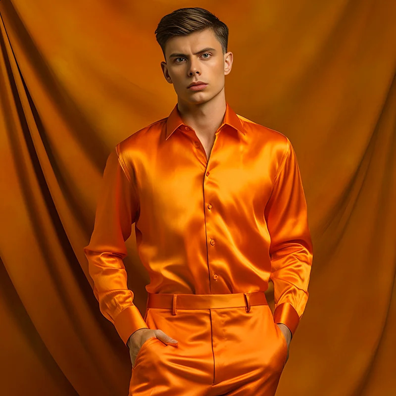 Men Satin Shirts Mens Dress Shirts Long Sleeve Casual Social Male Clothes Chemise Homme Shirt S40 250214