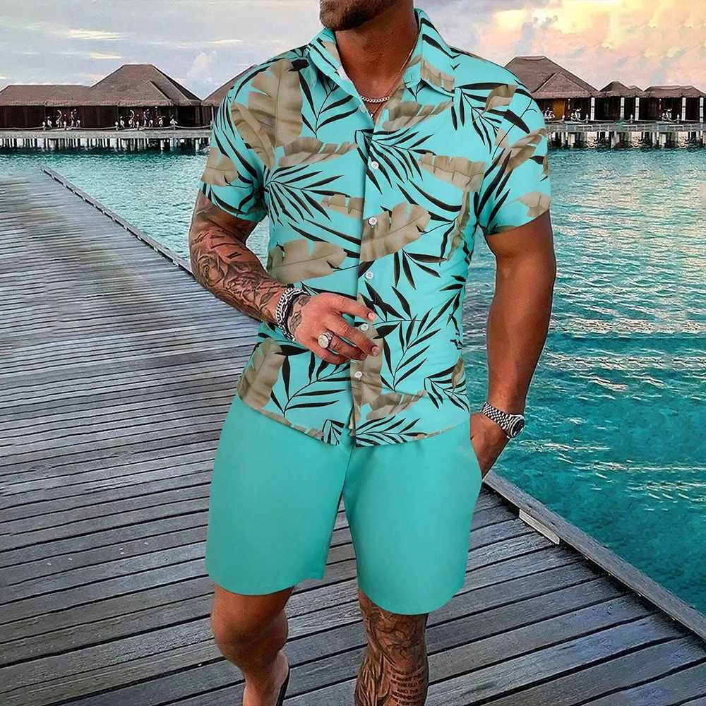 Hawaiian Palm Leaf Print Mens Shirt And Shorts 2 Piece Set Casual Vacation Mens Shirt Suit Clothing Short Sleeve Button ShirtsXJ250218