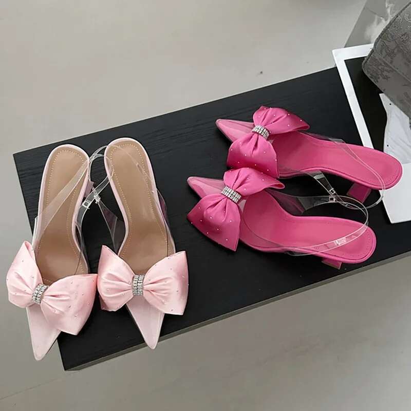 Fashion Butterfly-knot Pointed Toe Women Pumps PVC Transparent High Heels Sandals Wedding Banquet Female Mules Shoes