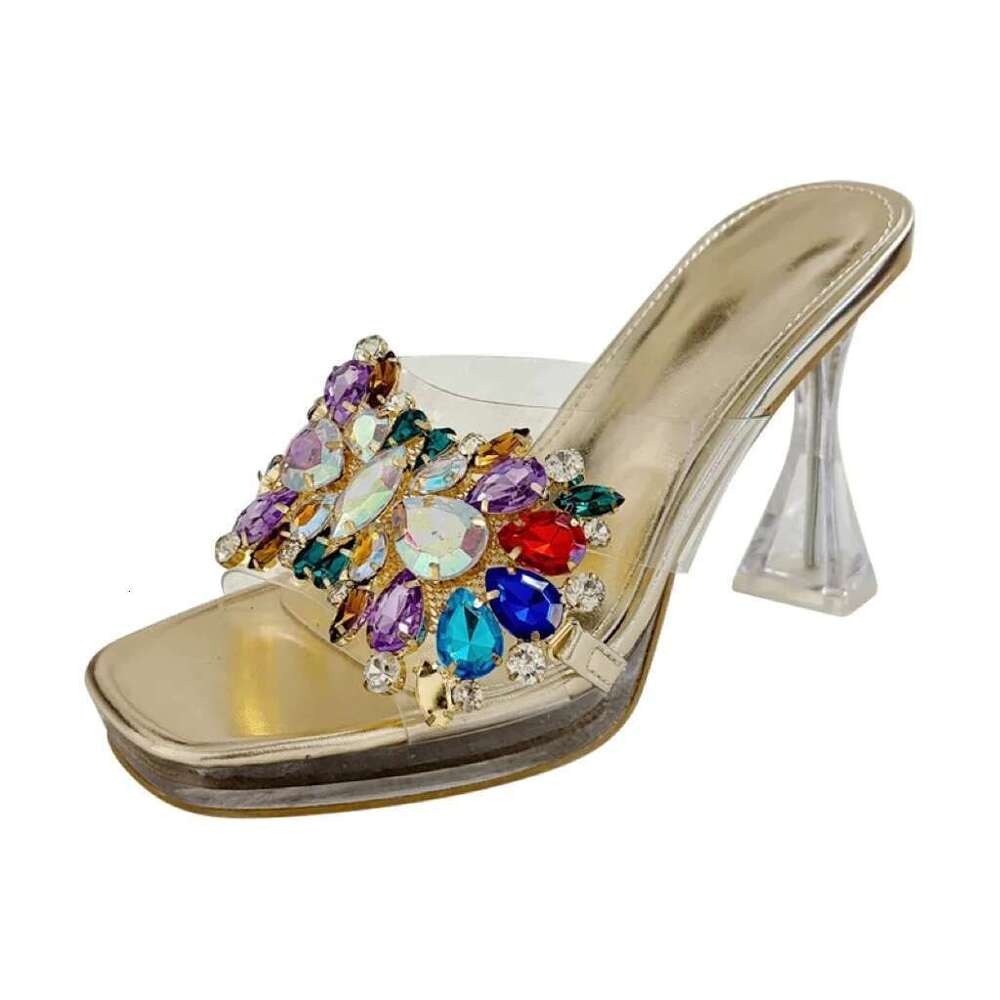 Summer Fashion PVC Transparent Square Toe Woman Slippers Crystal Clear High Heels Slides Shoes atos De Mujer