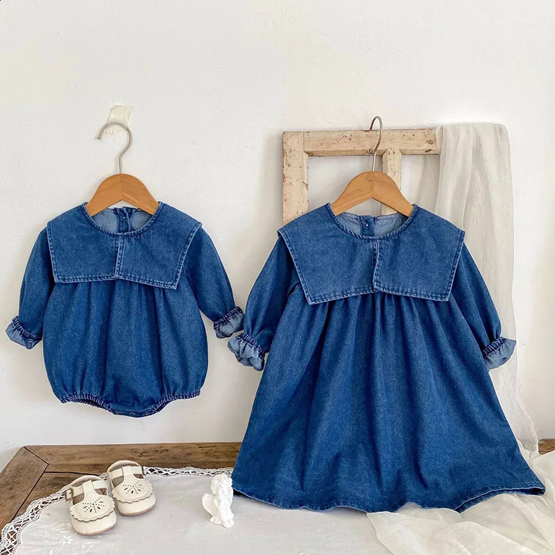 Autumn Sister Dress 2-6Yrs Girl Party Dress Long Sleeved Solid Color Denim Baby Girl Romper Kids Princess Dresses 250219