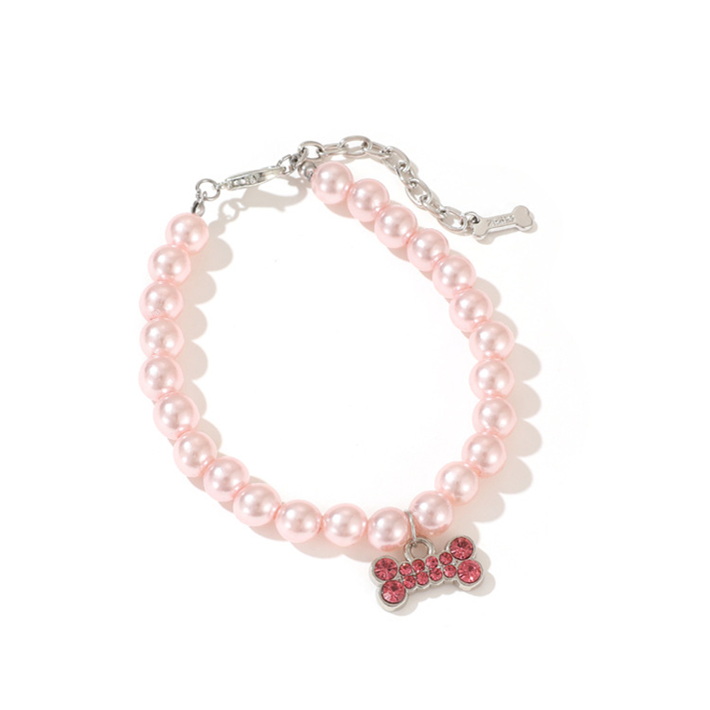 Fashion Pearl Dog Necklace with Shining Rhinestone Bone Charm in Different Colors, Jewelry Dog Necklace for Puppy Kitten Small Dogs Wedding Birthday G