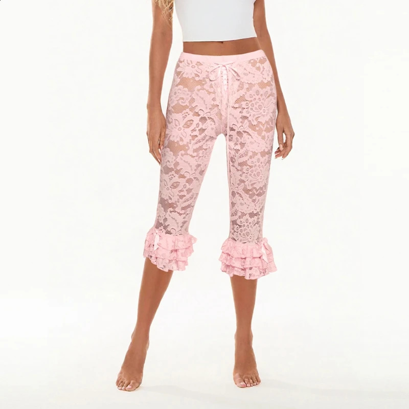 Women Floral Lace Pants Coquette See-Through High Waist Ruffles Hem Trousers Summer Casual Pants Stretch Crop Leggings 250218