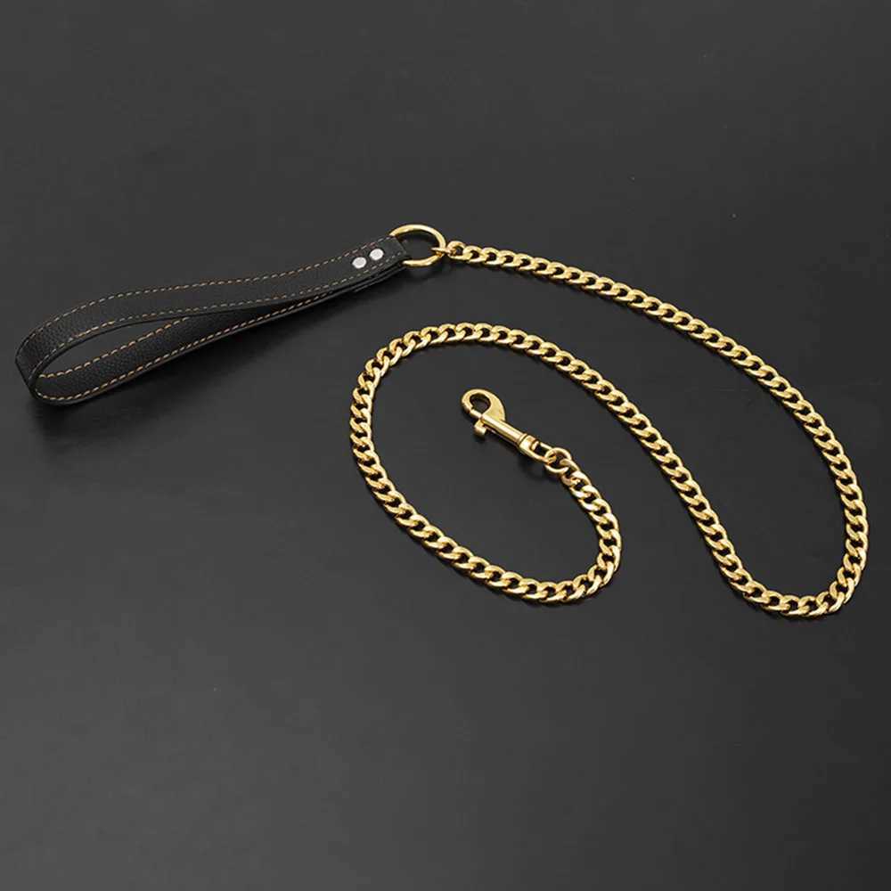 125cm Golden NK Dog Chain Leash Chew Proof Metal Pet Dog Leash with Leather Handle Heavy Duty Stainless Steel Large Dog LeashXJ250218