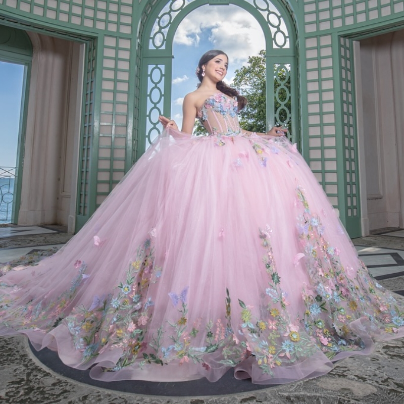 Pink Shiny Quinceanera Dresses Ball Gown Off Shoulder Appliques Lace Bow Beads Tull Sweet 16 Dress Vestidos 15 De Anos