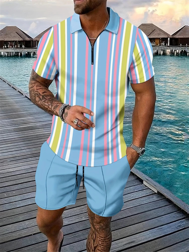 Fashion Mens Short Sleeve Shorts Two Piece Striped Printed Lapel Zipper Polo Shirt Set Summer Hawaii Sports TShirt 250219
