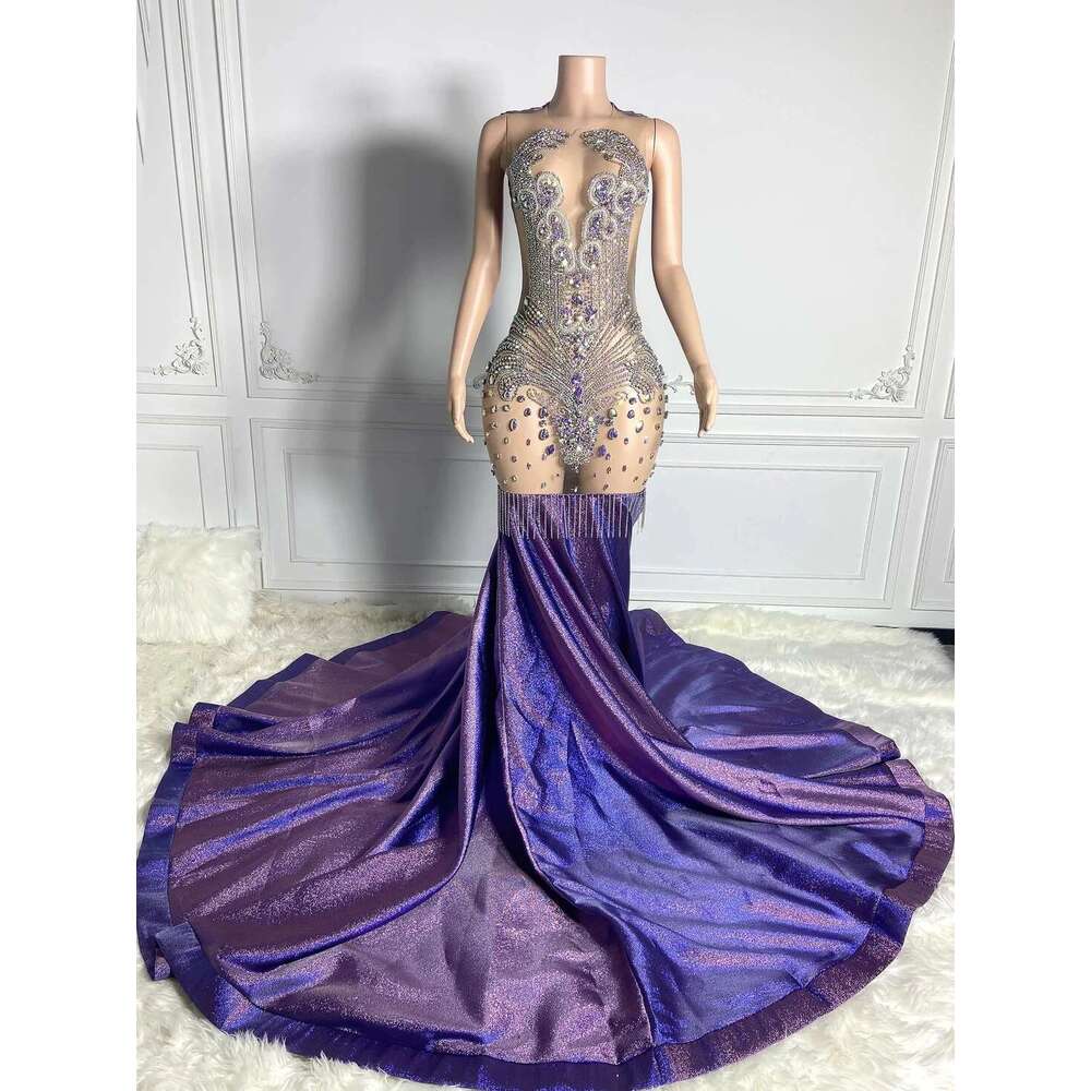 Sparkly Purple African American Long Prom Dresses For Black Girls Mermaid Beaded Crystals Women Party Evening Gown Customized