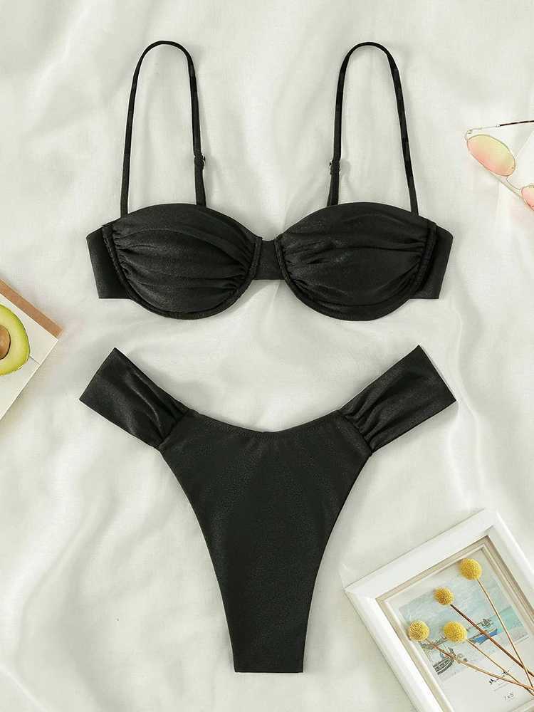 Push Up 2-Piece Bikini Swimsuit Ruffles Bikinis Set Black Swimwear 2024 Women Bathing Suit Sexy Biquini Mujer Beachwear SummerXJ250218