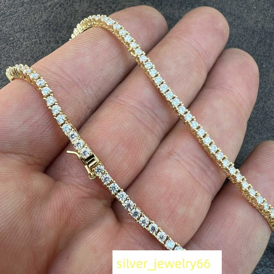 Luster Jewelry Hiphop Bling Sterling Silver 925 Gold Plated Moissanite Diamond 2mm Tennis Necklace for Men
