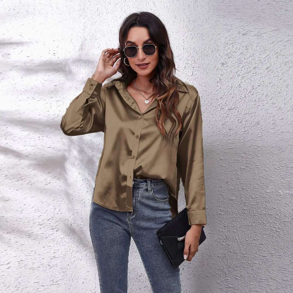 Autumn Women Solid Satin Long Sleeve Imitation Silk Loose Button Up Blouse Shirt Ladies Tops Fashion Clothing