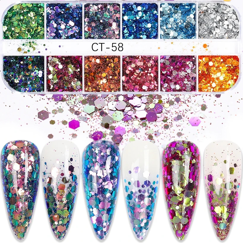 12 Grid Acrylic Nail Art Decorations Sequins Set Glitter For Nails Accesorios Decals Manicure Supplies Paillette Ongle 250115