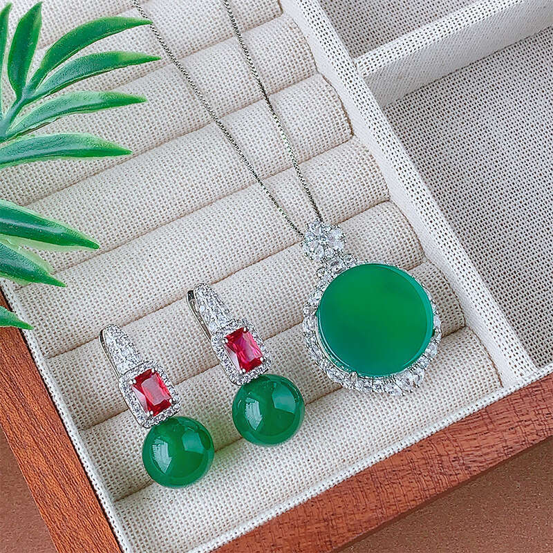 Autumn and Winter Chinese Style Emperor Necklace Earring Set Natural Green Jade Core Disc Safe temperament Earrings