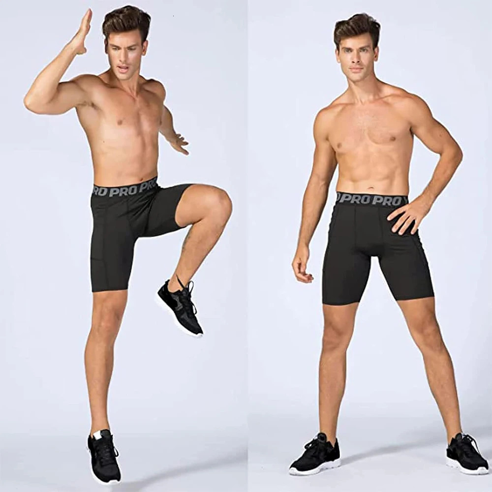 Mens fitness shorts with pockets exercise compression legs suitable for mens polyester boxing running basketball sports leggings 250219