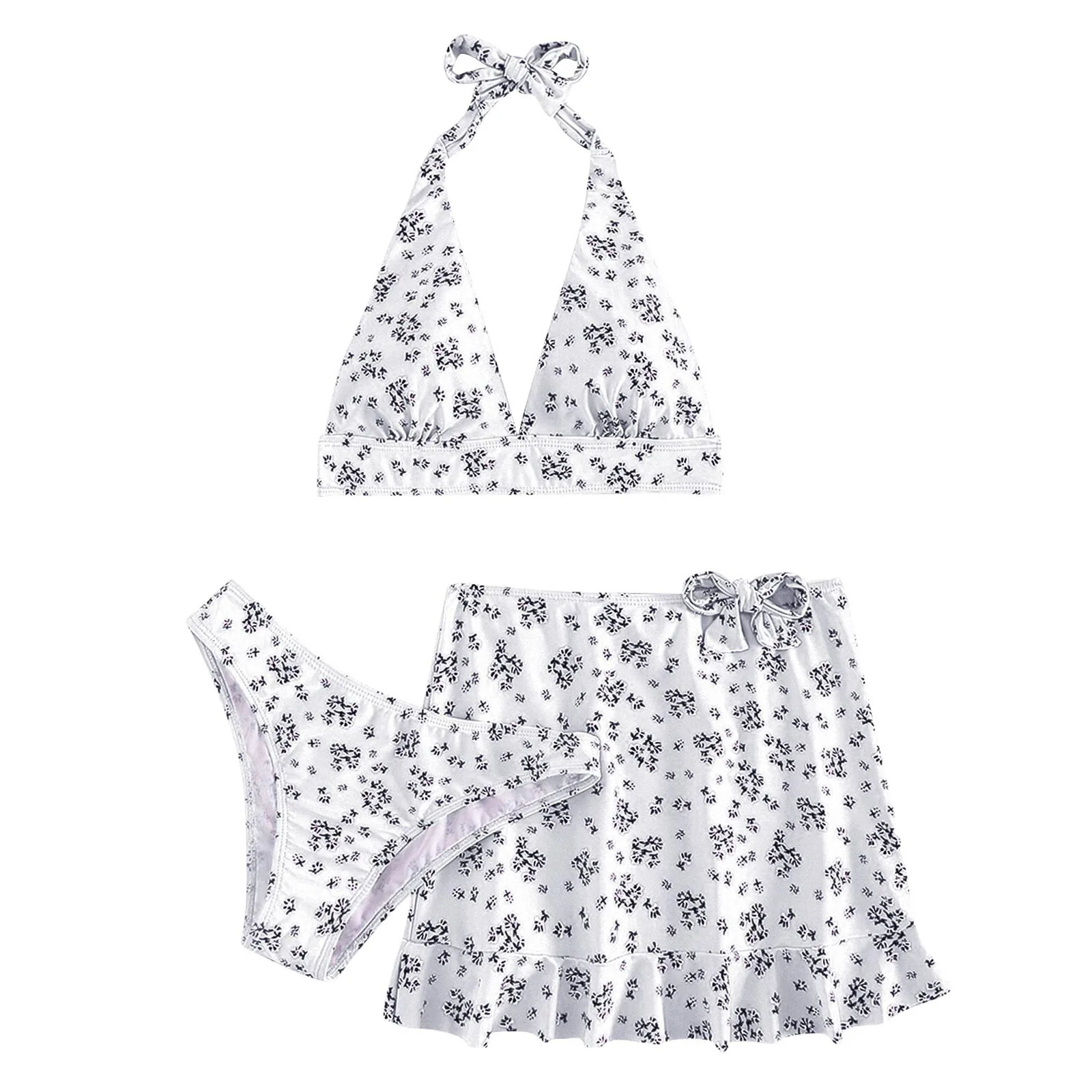 Women Halter Deep Bikinis Set Printed Three Piece Beach Wear Dress Sexy Ruffled Wrap Buttocks Swimwears Swimsuit 250219