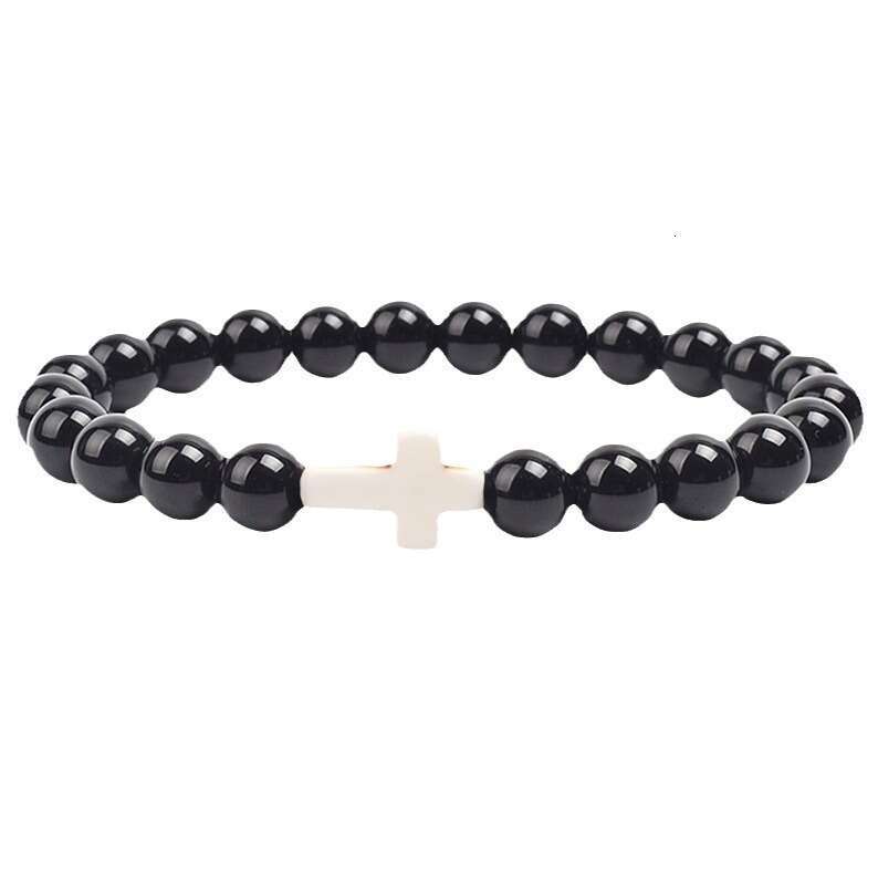 Natural Stone Cross Pink Zebra Elastic Bead Men's and Women's Gift Card Bracelet