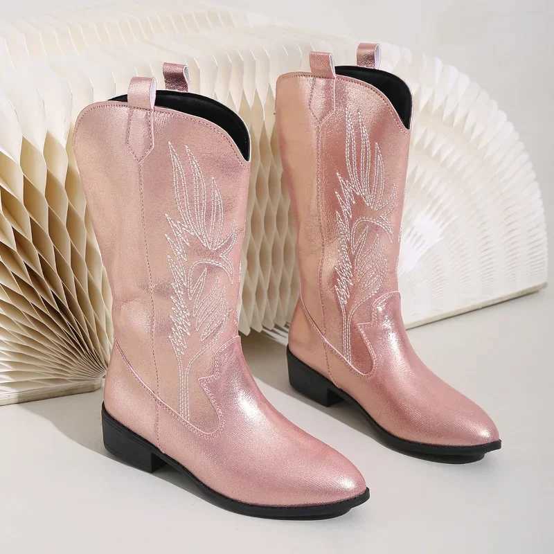 Pink Embroider Cowboy Boots for Women 2023 Autumn Winter Chunky Heels Mid Calf Western Knight Boots Woman Pointed Toe Tube Botas Z250704