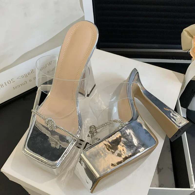 Designer Platform Crystal Women Slippers Fashion PVC Transparent Square Toe Chunky High Heels Slide Shoes