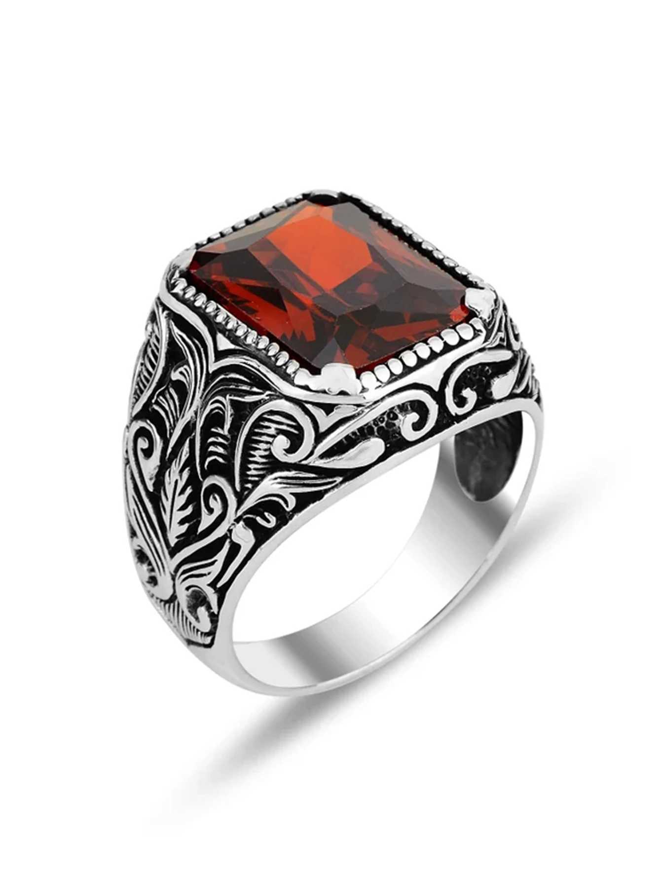 Vintage Handmade Turkish Signet Ring For Men Women Ancient Silver Color Carved Ring Red Yellow Zircon Inlay Punk Motor BikerXJ250219