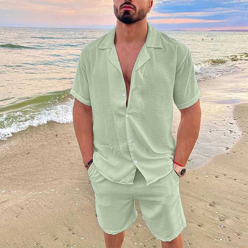 Mens Summer Casual Loose Two Piece Sets Beach Solid Cotton Linen Man Suit Short Sleeve Button Shirt And Shorts Office OutfitsXJ250218