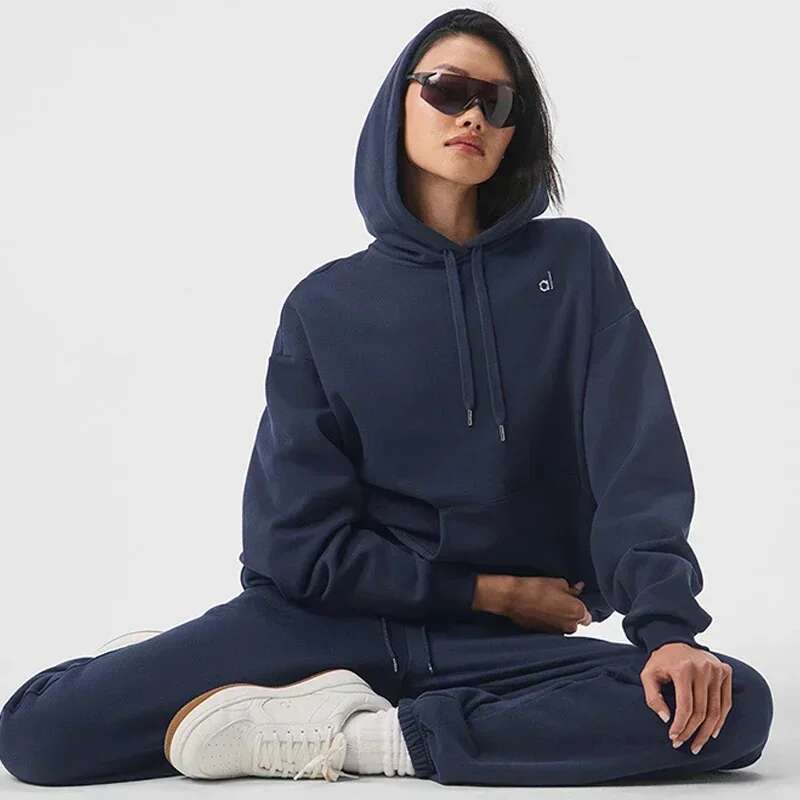 Yoga Women's Solid Color Ribbed Round Neck Hooded Sweatshirt Autumn And Winter Men's Loose High-Quality Top Casual Sports Pants
