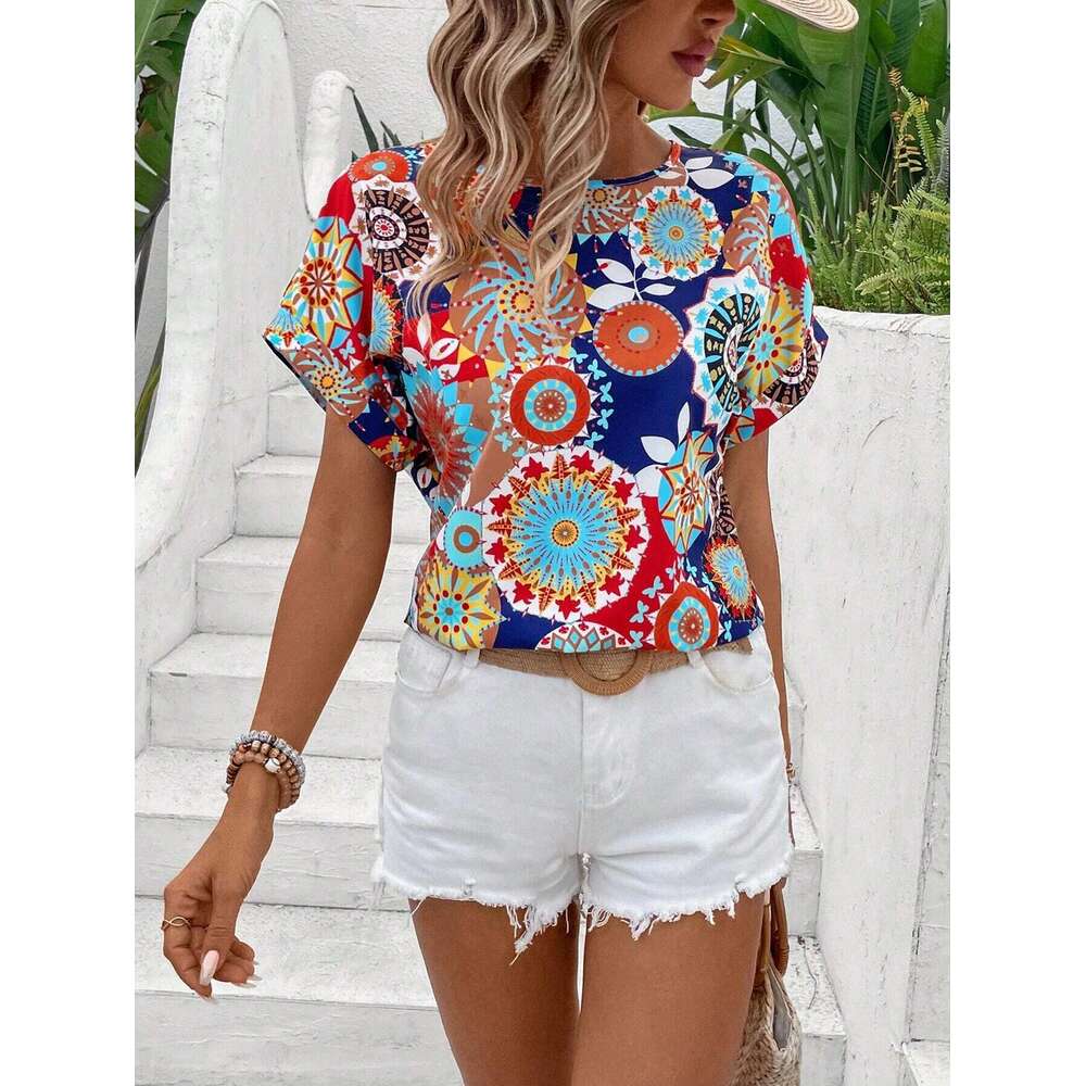 Elegant Fashionable Versatile Round Neck Printed Short Sleeved Shirt For European And American Women