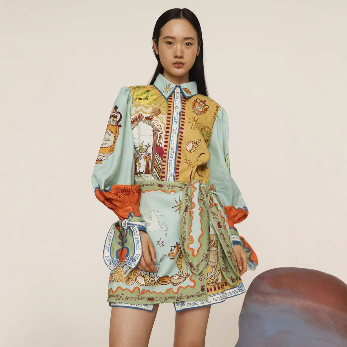 europe and america 2025 new Independent station fashion and leisure linen shirt collar cardigan two piece set