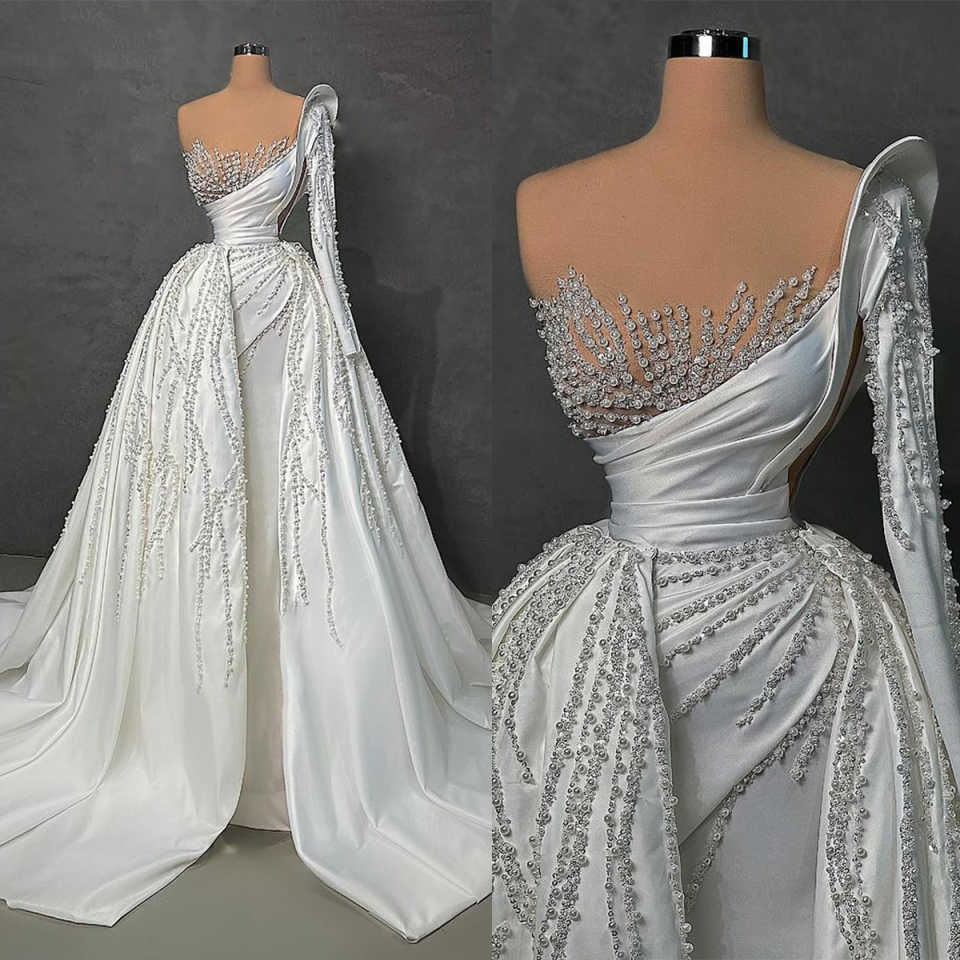 Sexy Mermaid Wedding Dress Sheer Neck One Shoulder Long Sleeves Bridal Gowns Pearls Detachable Train Dresses Custom Made vestidos de novia