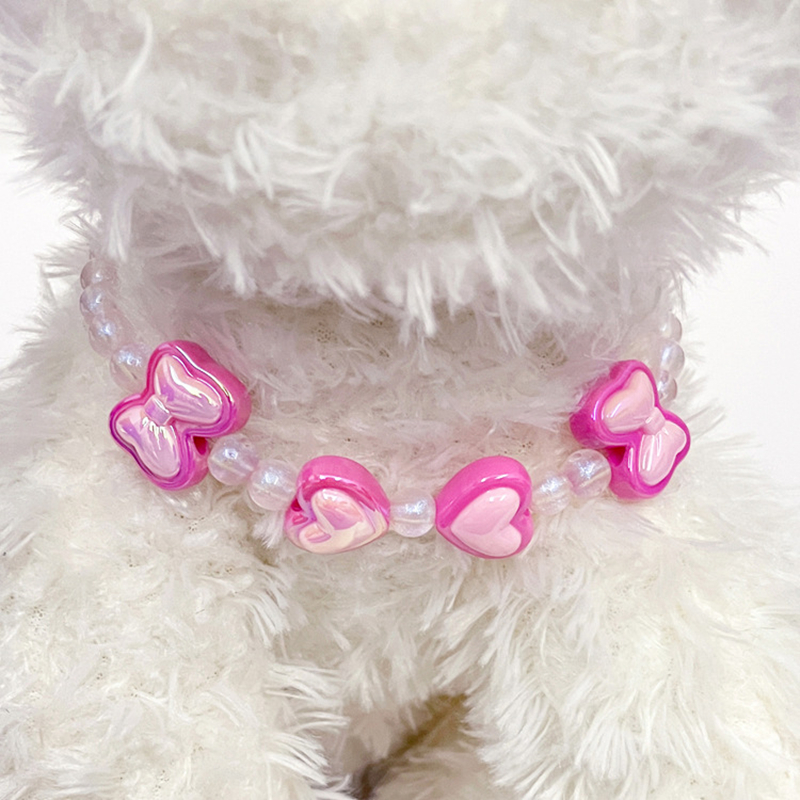 Fashion Bead Dog Necklace with Sparkling Bow Heart-shaped Decoration, Exquisite Cat Dog Neck Decoration Necklace for Small Medium Dogs, Adjustable Pet
