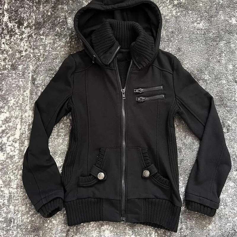Vintage Stand Collar Slim Fit Hoodeis Solid Versatile Sweatshirts Double Zip Up Element Design Trend Jacket Veet Gothic