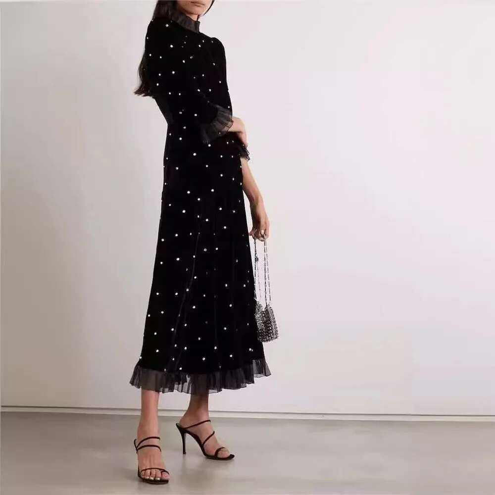Elegant Black Dia Midi Veet Bodycon Prom Dresses Casual Ruffle Patchwork Celebrity Evening Party Runway Long Dress