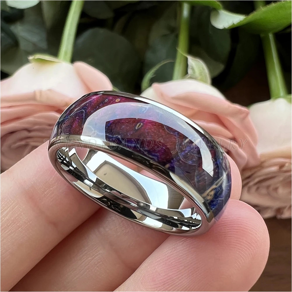 8mm Multicolor Tungsten Ring for Men Women Wedding Band Colorful Dyed Elder Wood Inlay Domed Polished Shiny Comfort Fit 250213