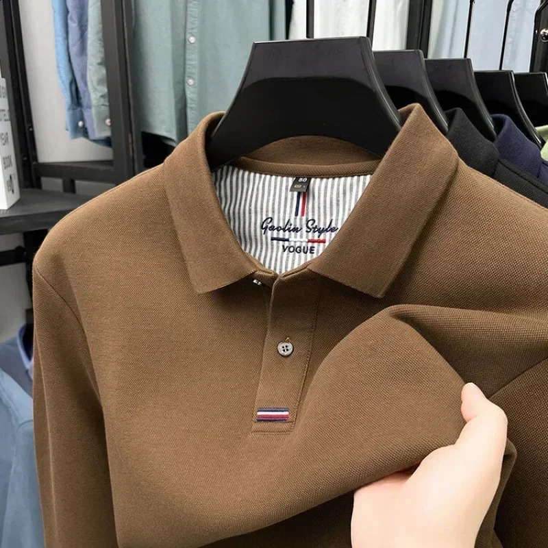 Autumn Thickened Double-sided Pearl Cotton Long-sleeved T-shirt Mens Middle-aged Mens Lapel POLO Casual Top 250218