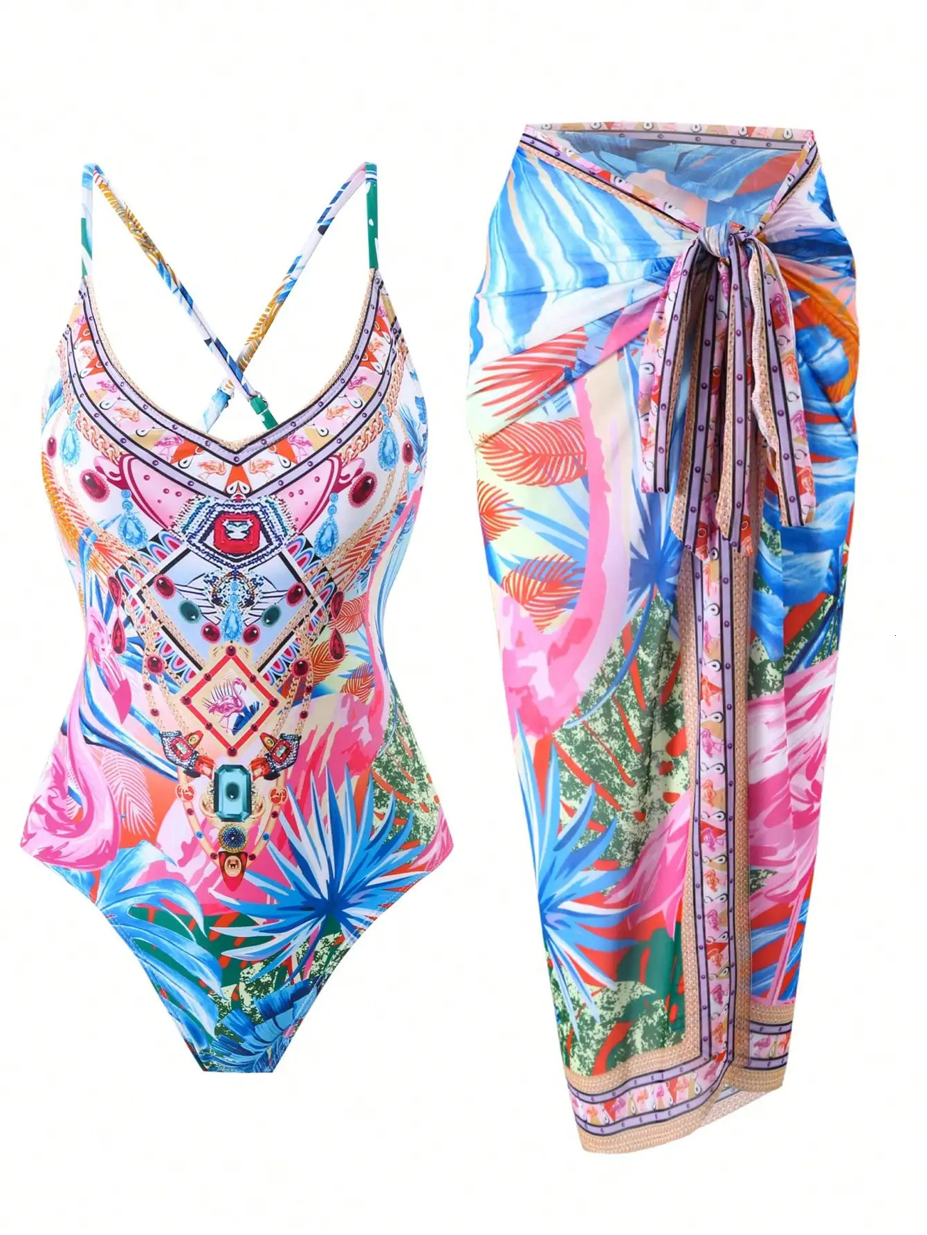 positioning printed onepiece swimsuit yarn skirt twopiece set 250219
