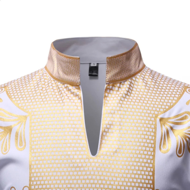 White Wenhua collar mens fashion long sleeved African stone printed dress mens casual shirt African clothing 250214